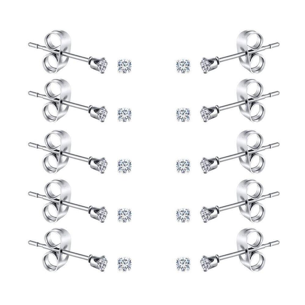 10 Pairs 2mm Tiny Women's Surgical Stainless Steel Clear Cubic Zirconia